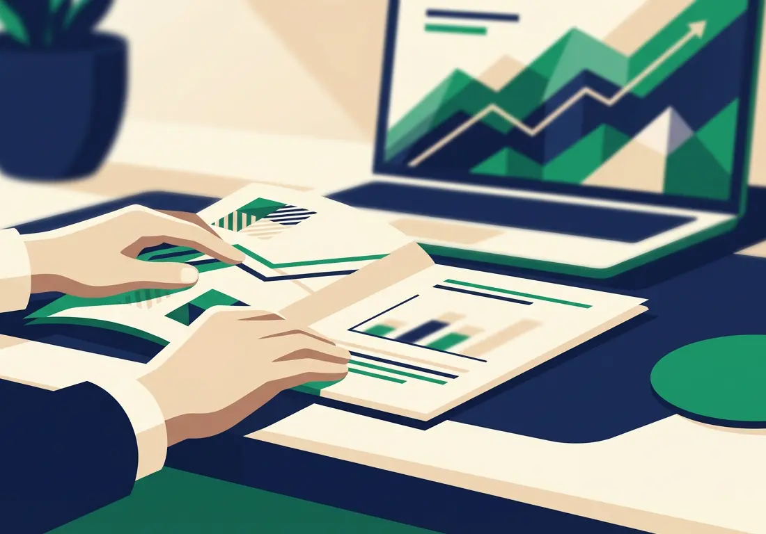 Business plan documents and financial projections on desk with laptop showing charts