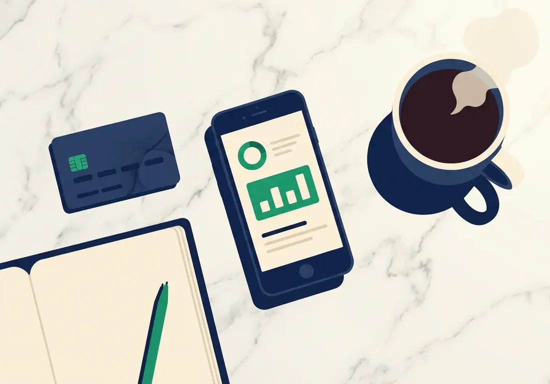 Modern workspace with credit card and smartphone showing banking app on marble desk