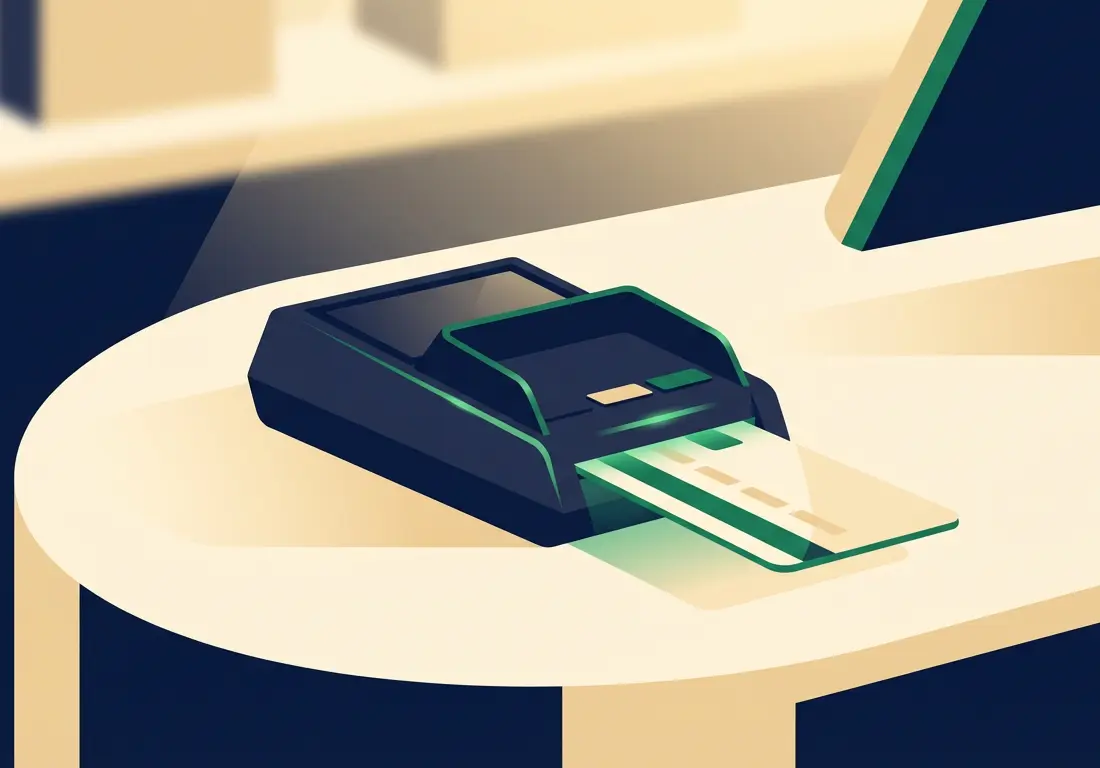 Credit card being processed through modern POS terminal on retail counter