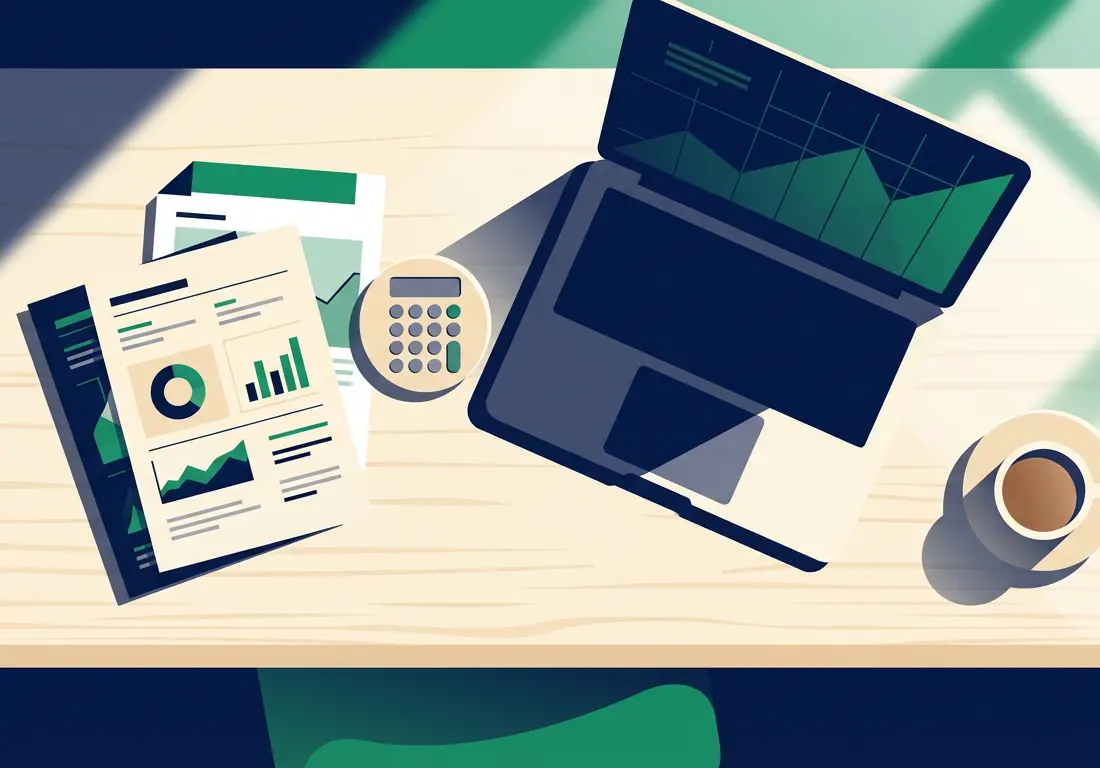 Business desk with financial planning documents, calculator and laptop with charts