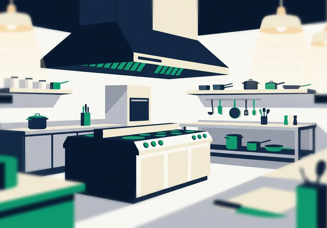 Professional commercial restaurant kitchen with stainless steel cooking equipment and ventilation system