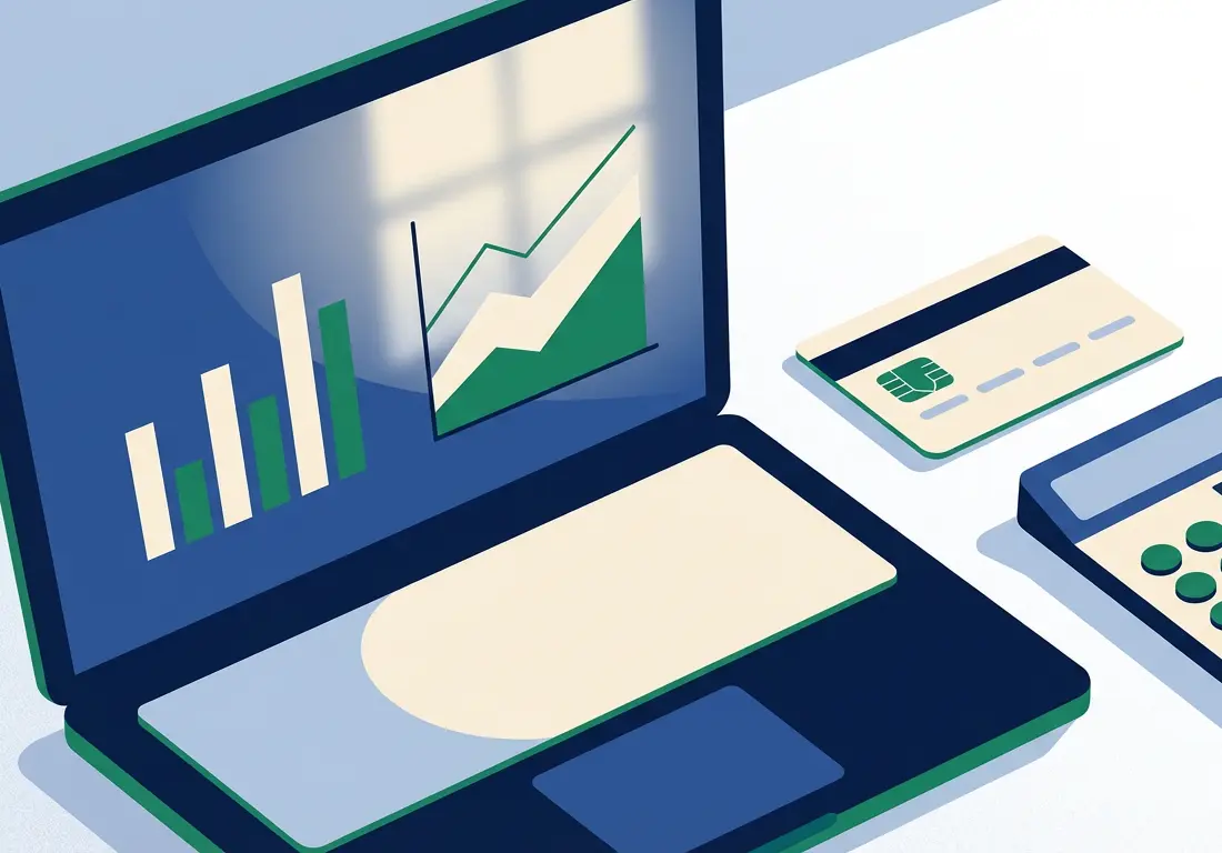 Laptop showing financial data with credit card and calculator on professional desk