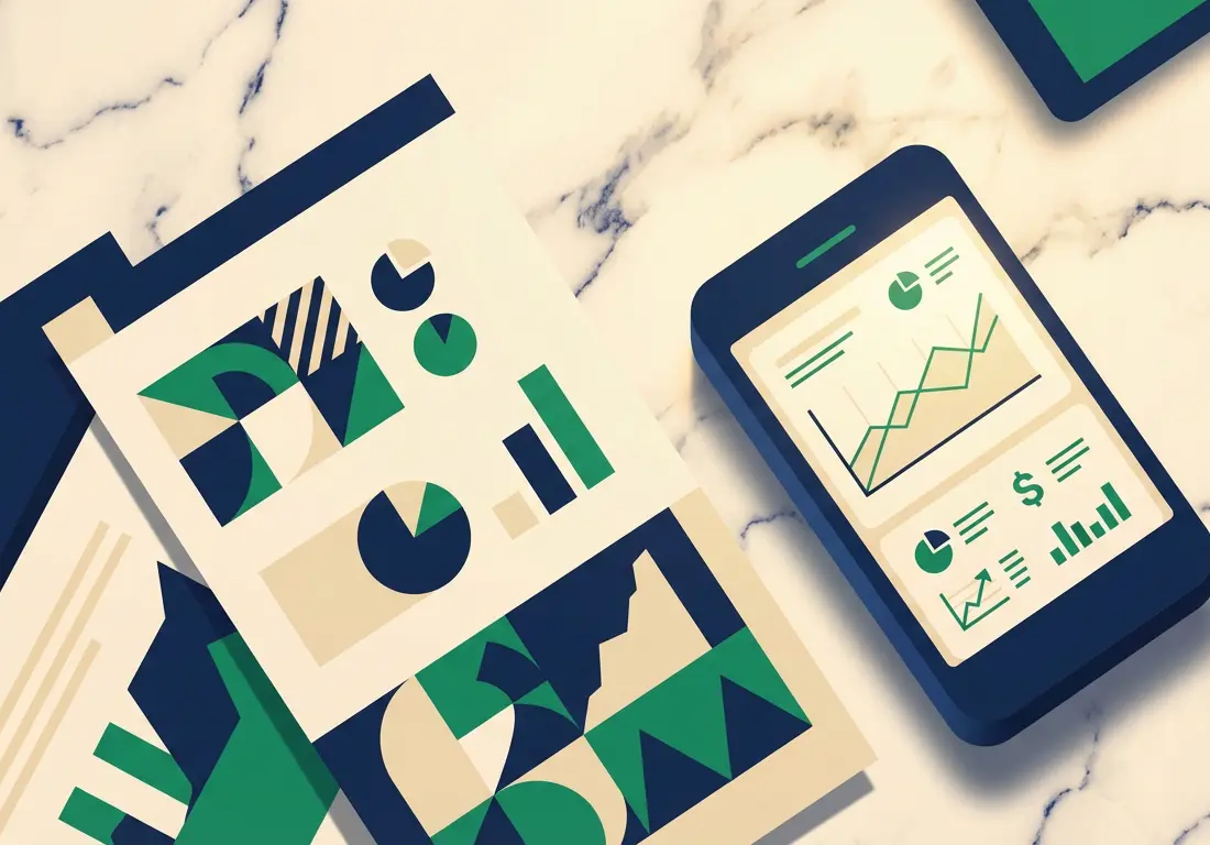Business financial documents and smartphone banking app arranged on modern desk