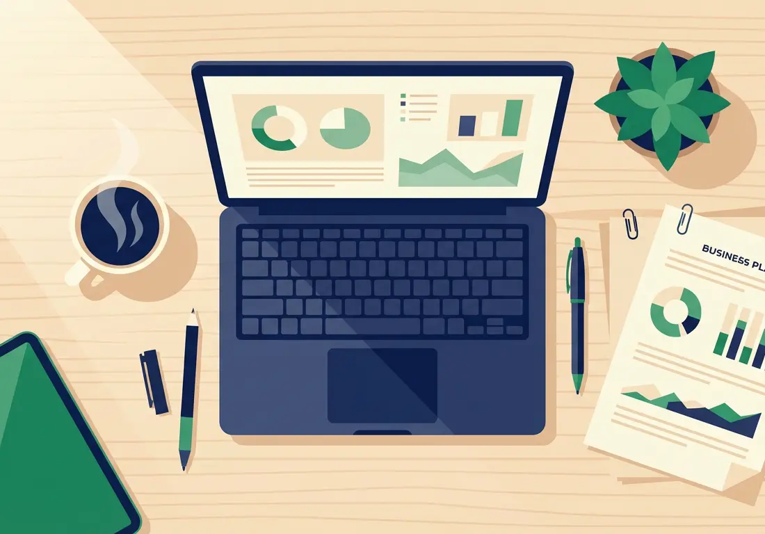 Small business workspace with laptop displaying financial data and business planning documents