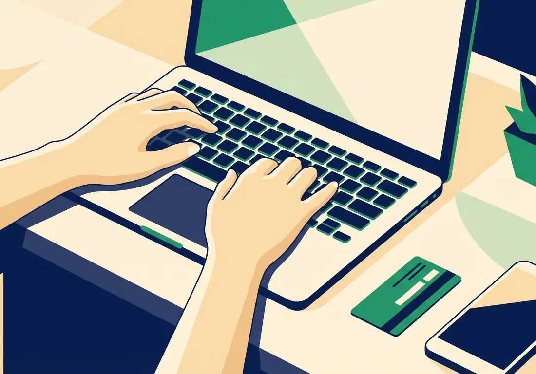 Laptop on minimalist desk with credit card showing online business lending research