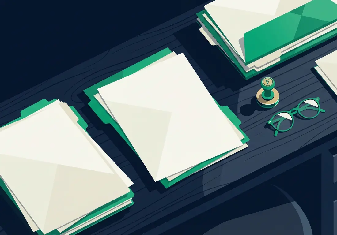Official business documents and seal on wooden desk representing lender verification