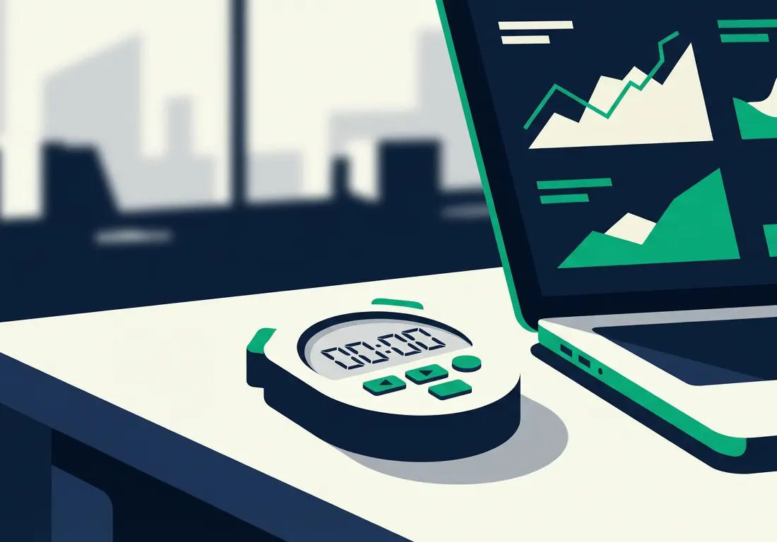 Digital stopwatch and laptop with financial data representing fast business funding timelines