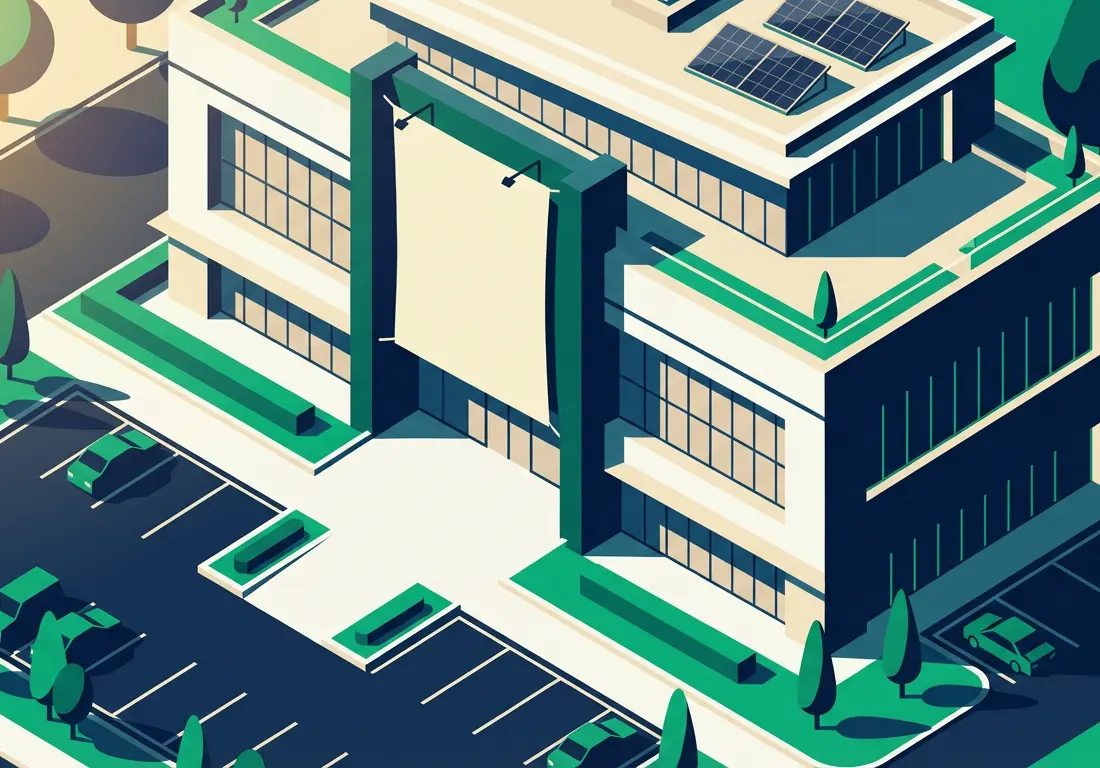 Modern commercial office building exterior with parking lot representing SBA 504 real estate financing