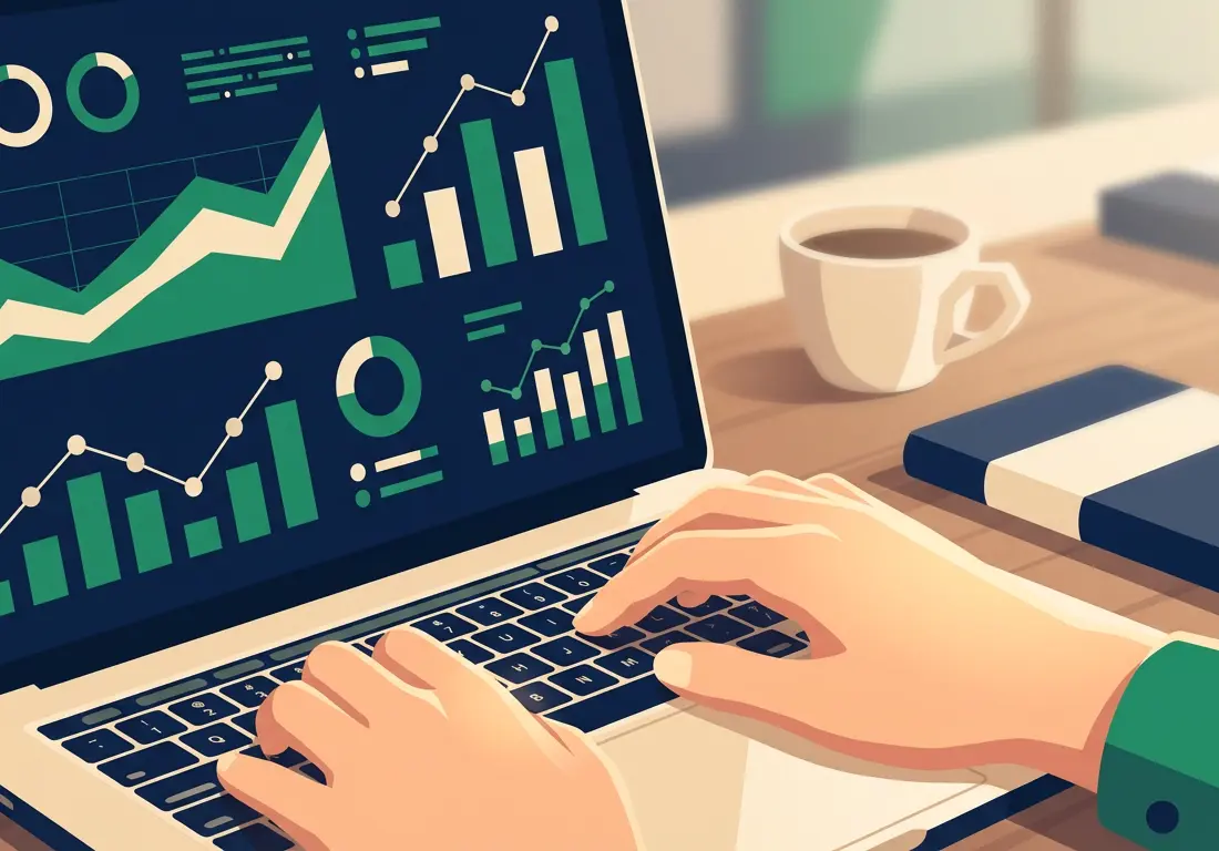 Business owner reviewing financial data on laptop while researching loan options