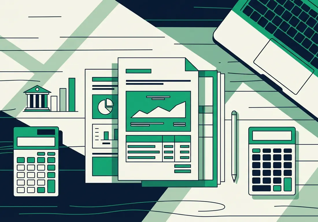 Organized business financial documents and bank statements on desk for loan application